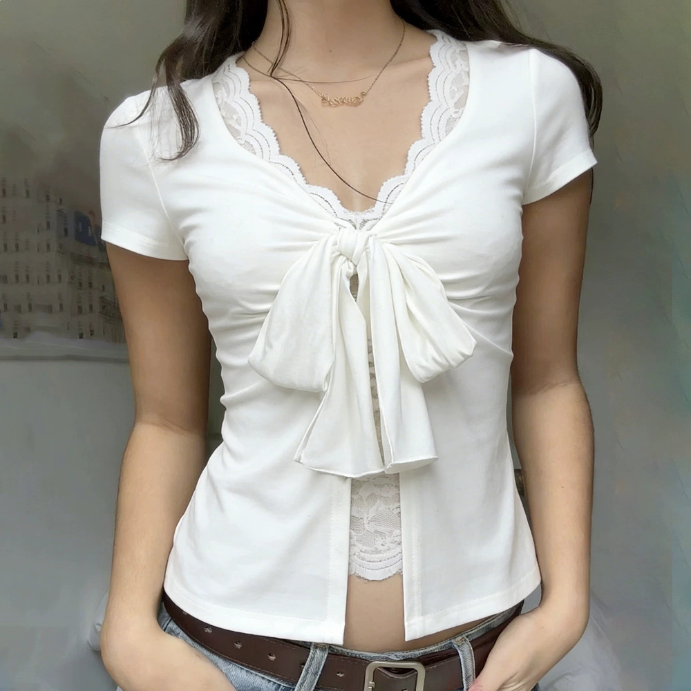 Zara Casual Solid Color Lace Bow Tie Fake 2-Piece Top - Picture 2 of 7